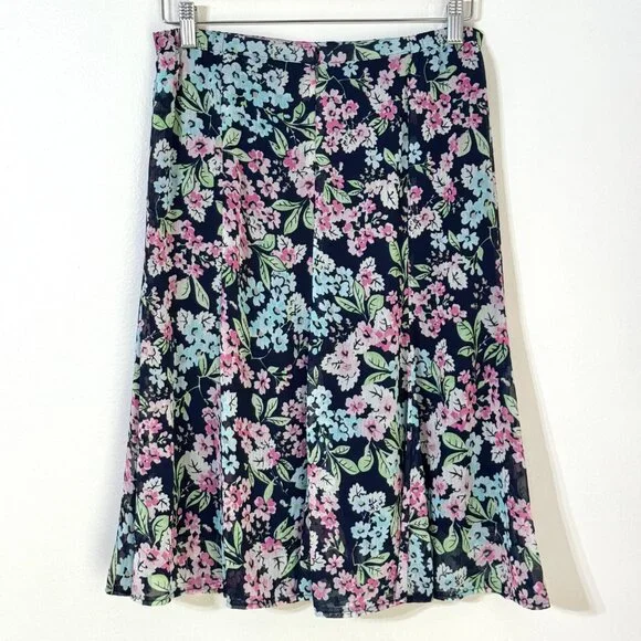 Vtg Y2K Sag Harbor Floral Flared Chiffon Skirt Elastic Waist Fairy Feminine Navy - Picture 5 of 14